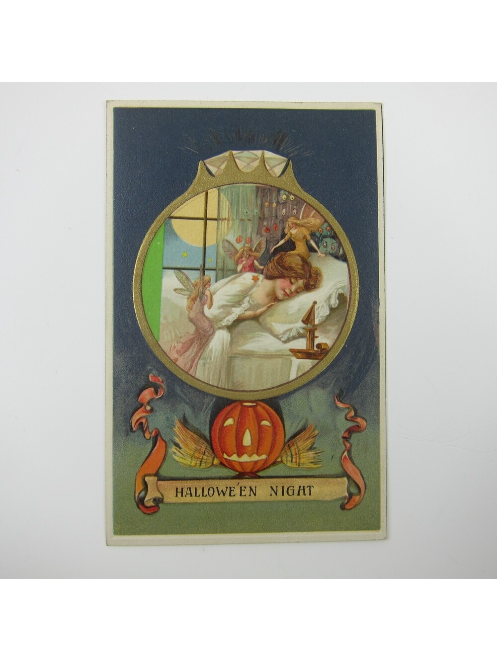 Vintage Halloween Postcard Diamond Ring Girl Sleep 3 Fairies Jack-O-Lantern 1927